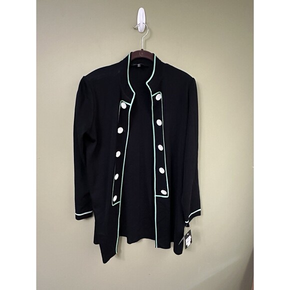 Ming Wang Jackets & Blazers - Ming Wang Jacket Womens Large Black Green Geometric Trim NEW Open Front Knit